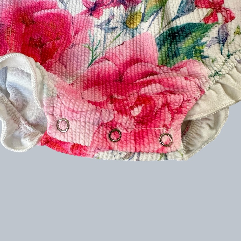 Floral Pink Baby Bubble Romper With Ruffle - Picture 2 of 5